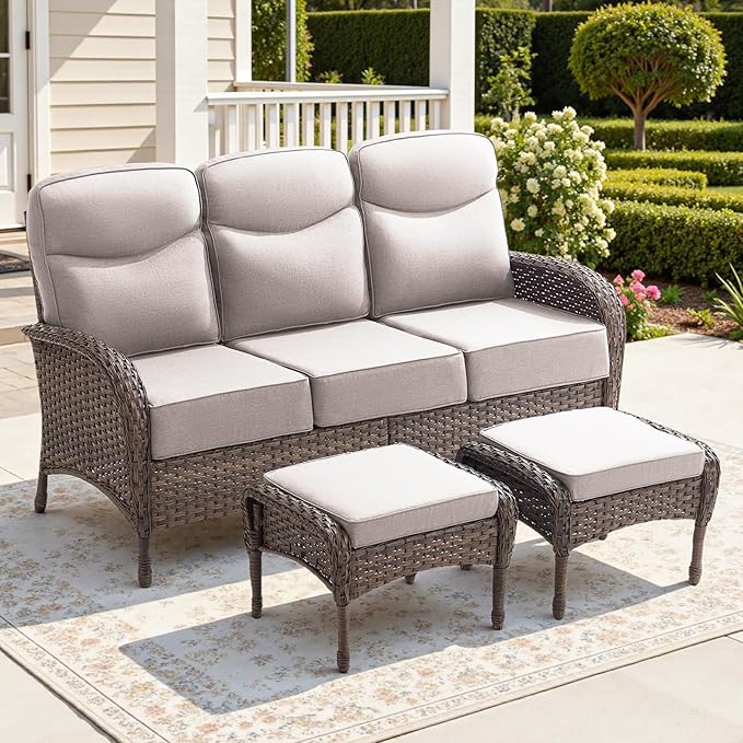 3-Piece Luxury Patio Furniture Sofa Set with 6-Inch Thick Cushions– Outdoor Wicker Conversation Set with Covered Couch, Multifunctional Ottoman & All-Weather Seating for Backyard, Porch, Garden Beige
