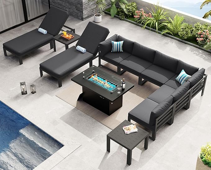 NICESOUL Aluminum Patio Furniture Set with Chaise Lounge & Firepit, 11 Piece Large Modular Outdoor Sectional Couch, 29" Deep Wide Seating, 500 lbs Heavy Duty Conversation Sofa for Deck, Dark Gray