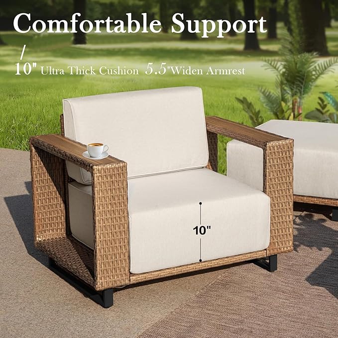 6 Pieces Outdoor Patio Furniture Set PE Rattan Weaving Sofa with 10 inch Thick Cushions and Steel Frame and Wooden Board Outdoor Conversation Set Beige Cushions for Porch Deck