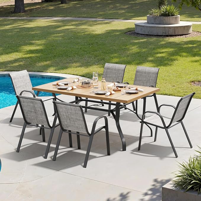 Soohow Outdoor Dining Set for 6, Outdoor Patio Dining Set 6 x Stackable Chairs & 1 x Wood-Like Outdoor Table with Umbrella Hole, All-Weather Patio Table and Chairs for Poolside, Backyard and Porch