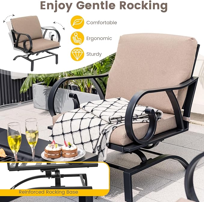 Tangkula 5 Piece Patio Dining Set, Heavy-Duty Rocking Chairs with 4-in-1 Fire Pit Table, Soft Seat & Back Cushions, Gentle Rocking Design, Outdoor Conversation Set for Backyard, Porch (Brown)