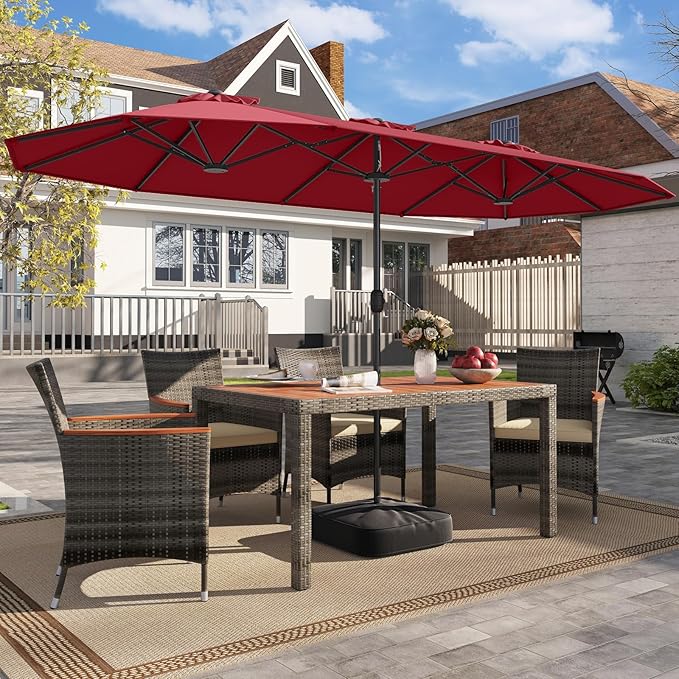 Tangkula 13FT Double-sided Patio Umbrella, Extra Large Twin Table Umbrella with Crank Handle, Umbrella Base, Safety Lock, Air Vent, Outdoor Market Umbrella for Garden Pool Backyard (Burgundy)