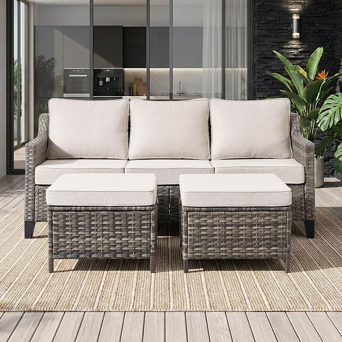 Luxury Patio Furniture Sofa Set - 3 Pieces All Weather Wicker Outdoor Couch and High Back Patio Sofa with 2 footstools for Deck Yard and Poolside Gray Wicker | Beige Cushions