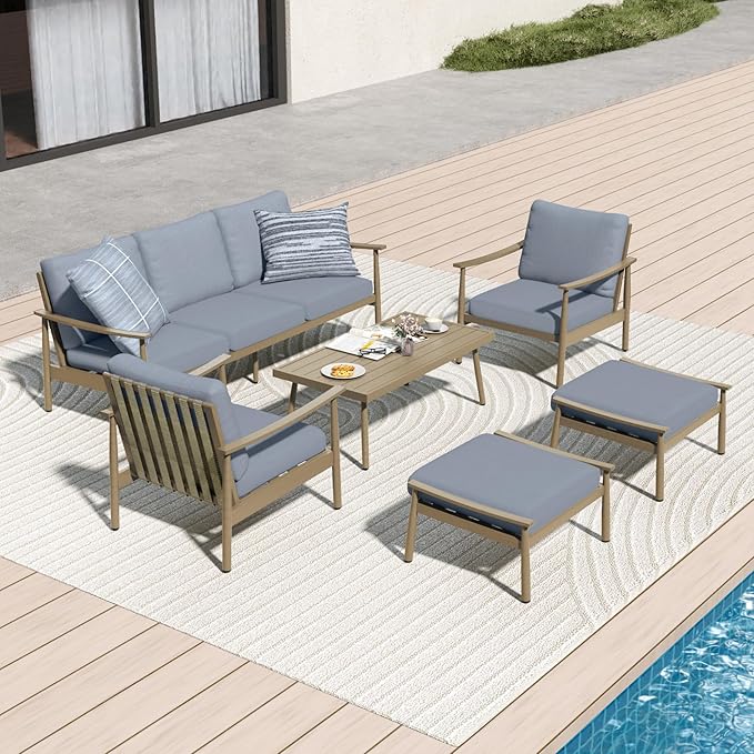 6 Pieces Aluminum Outdoor Patio Furniture Sets with Coffee Table, Cushioned 3-Seat Couch and Armchairs with Ottomans, All Weather Conversation Set for Yard Proch Deck, Blue & Brown