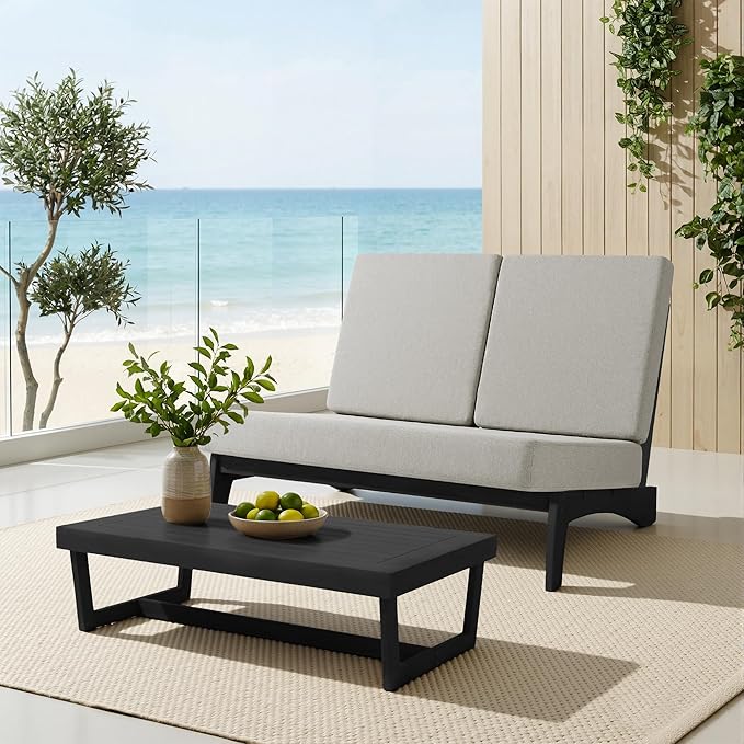 UIXE All Weather Patio Furniture Sets, 4 Pieces Black Wood Outdoor Sectional Futniture Patio Sofa Chair Backyard Conversation Set with Solid Wooden Coffee Table - Light Camel