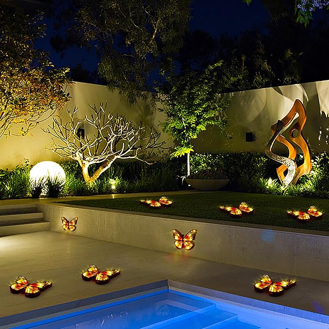 ground lights, equipped with 4 solar butterfly lights for outdoor waterproofing, 14 LED solar landscape lighting, suitable for gardens, courtyards, terraces, corridors, lanes, and walkways (yellow)