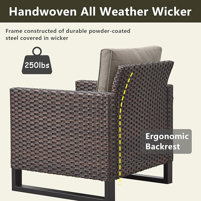 Rilyson Wicker Outdoor Patio Furniture Set - 5 Piece Patio Conversation Set with 2 Wicker Armrest Chairs,2 Rattan Ottoman and 1 Metal Side Table for Outside Porch Deck Backyard Garden(Brown/Grey)