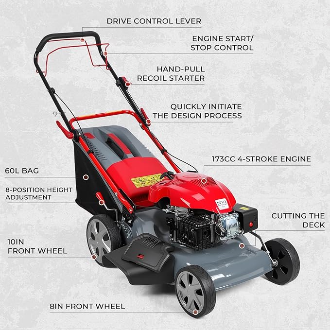 Self Propelled Gas Lawn Mower 20-Inch with 60L Grass Bag - 173cc Gas Powered Engine for Hills & Thick Grass 3-in-1 Mulch/Bag/Side-Discharge, Rear Wheel Drive for Uneven Yards
