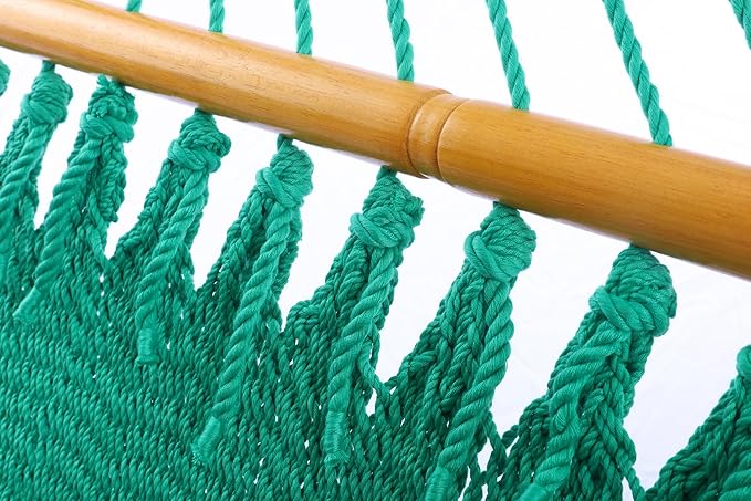 Classic Caribbean Hammock - Hand Woven with Wooden Spreader Bars, Sunlit Green Rope Net, 79 Inch Wide x 12 Ft Long, Double Person, Outdoor Garden Patio Backyard, Tropical Relaxation