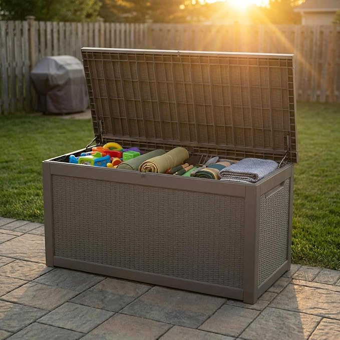 260 Gallon Waterproof Outdoor Storage Box, UV-Resistant & Lockable Lid | Resin Deck Box, Heavy-Duty Large Patio Outside Cushions for Garden Tools, Pool Accessories, Delivery, Chest, Toys, Furniture