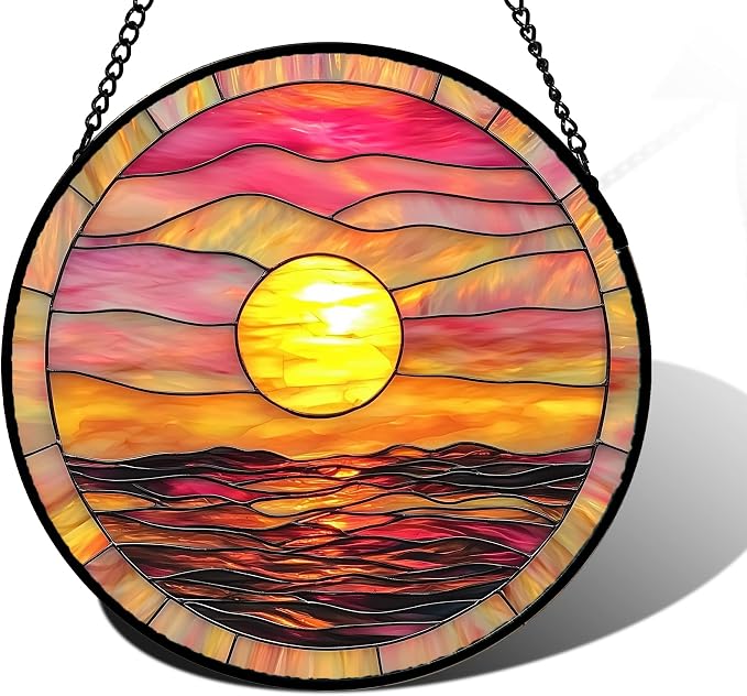 DASTOLL Stained Glass Window Hanging, Sunrise Sea Surface Sun Catchers Diamond Glass Panel Hangings Abstract Suncatcher Decor for Birthday for Women, Men, Wife, Aunt, and Mom 9.8 in