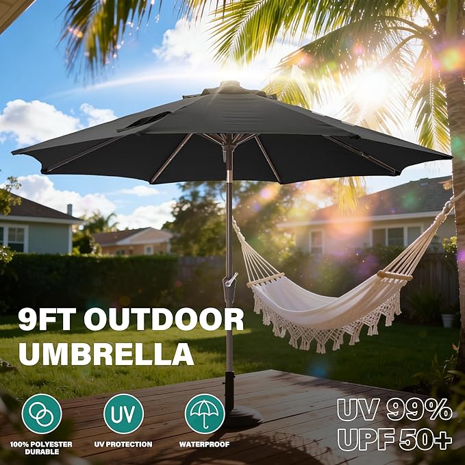 9FT Solar-Powered LED Patio Umbrella with Tilt Crank,Outdoor Market Umbrella with 32 Lights,Sunshade for Deck, Garden and Pool
