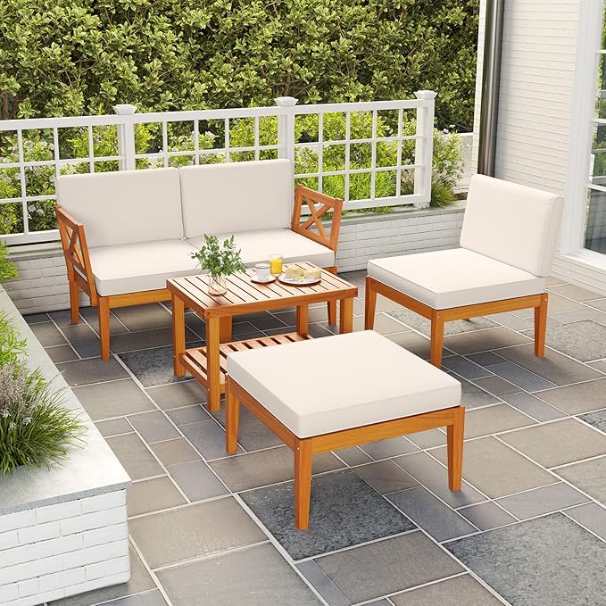 Tangkula L Shaped Outdoor Furniture Set, 5 Pieces Acacia Wood Patio Conversation Set, Modular Outdoor Lounge Sofa Set w/Cushions and Coffee Table for Garden, Backyard, Poolside