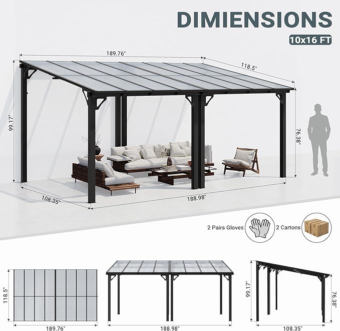 AirWire 10x16 FT Gazebo, Pergola Awnings for Patio with Hardtop Gazebos on Clearance, Patio Covers for Shade and Rain, Lean to Gazebo Sunroom Patio Canopy Outdoor Pergolas for Patios, Decks, Backyard