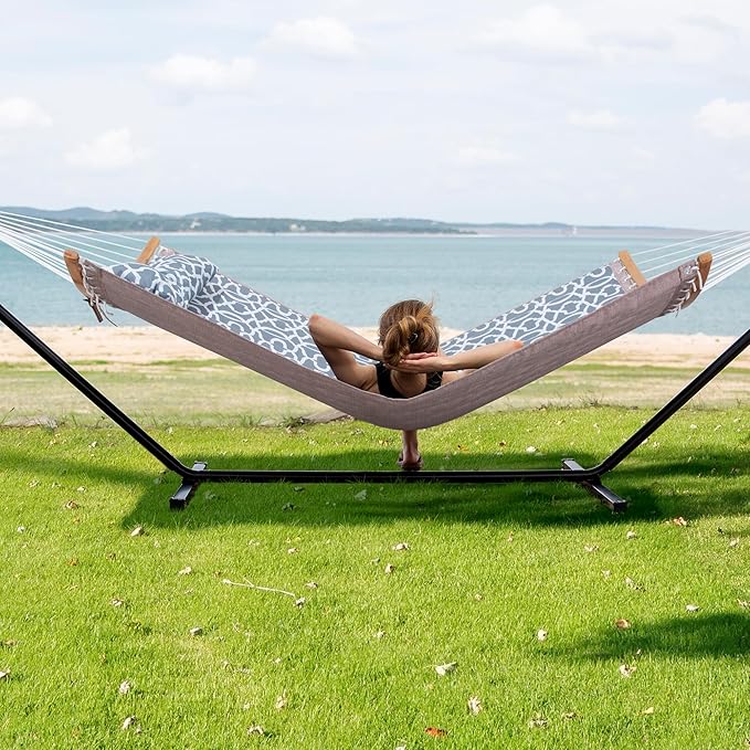 SUNCREAT 2 Person Outdoor Hammock with Curved Spreader Bar, Heavy Duty Stand, 450 lbs Capacity, Extra Large Hammock Carrying Bag