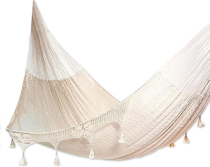 NOVICA Artisan Handmade Hammock Solid Rope with Tassels Triple Ivory Nylon Mexico Mayan Shabby Chic Beach Bonfire [Bed Size 78in L x 90in W Total Length 158in L] ' Caribbean Shores' Triple
