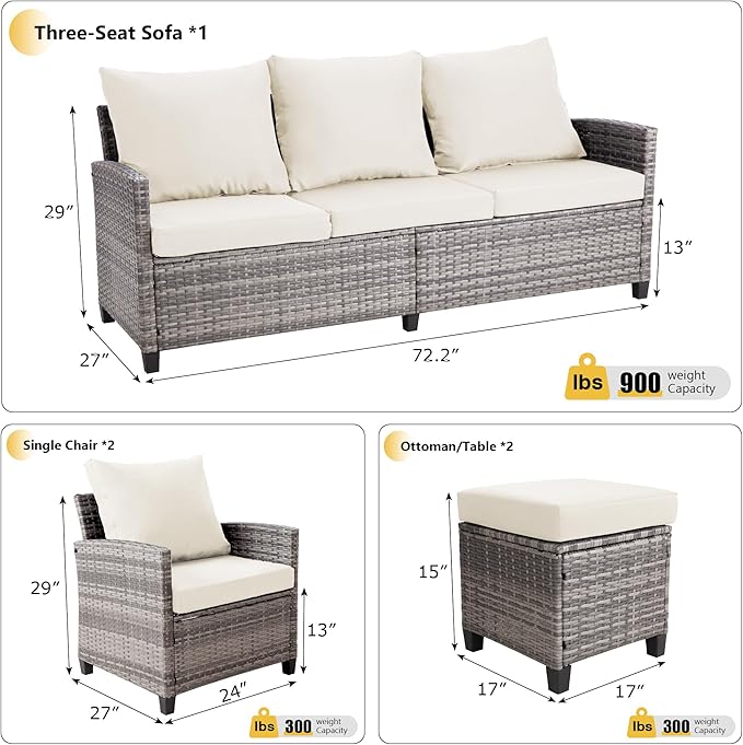 FHFO 5 Pieces Outdoor Patio Furniture Set, Wicker Sectional Sofa Patio Conversation Set Couch with Ottomans Rattan Chair and Table for Garden, Yard,Grey-Beige