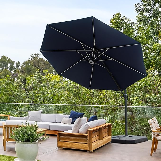 Domi 10FT Cantilever Patio Umbrella Solar Powered LED Round Deluxe Offset Umbrella, Aluminum Hanging Umbrella with 360°Rotation, Outdoor Market Umbrella for Deck Backyard Garden Pool, Navy Blue