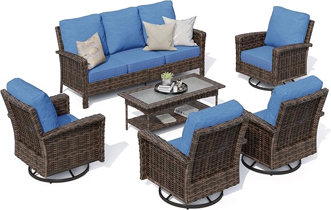HERA'S HOUSE Patio Furniture Set, 4 x High Back Swivel Chairs with 5.5" Comfy Cushions, 6 Pieces Outdoor Wicker Conversation Set for Lawn Deck Backyard, Navy Blue