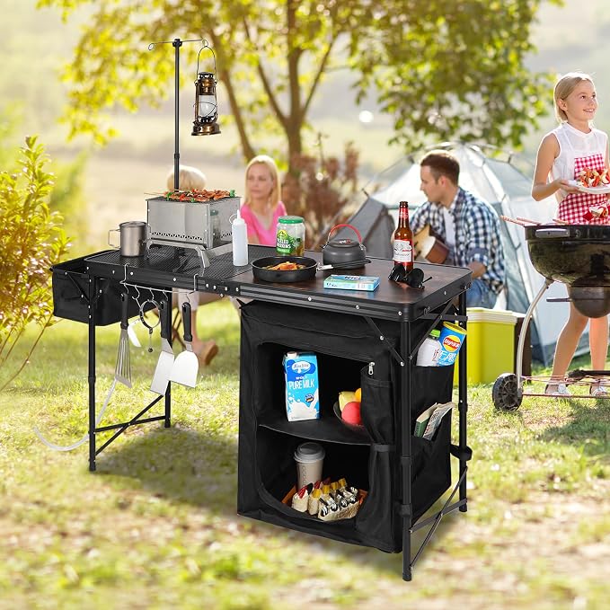 REDCAMP Portable Camping Kitchen Table with Sink, 4ft Folding Camping Grill Table with Storage Organizer and Telescoping Light Stand, Outdoor Cooking Station for BBQ, Party and Picnic