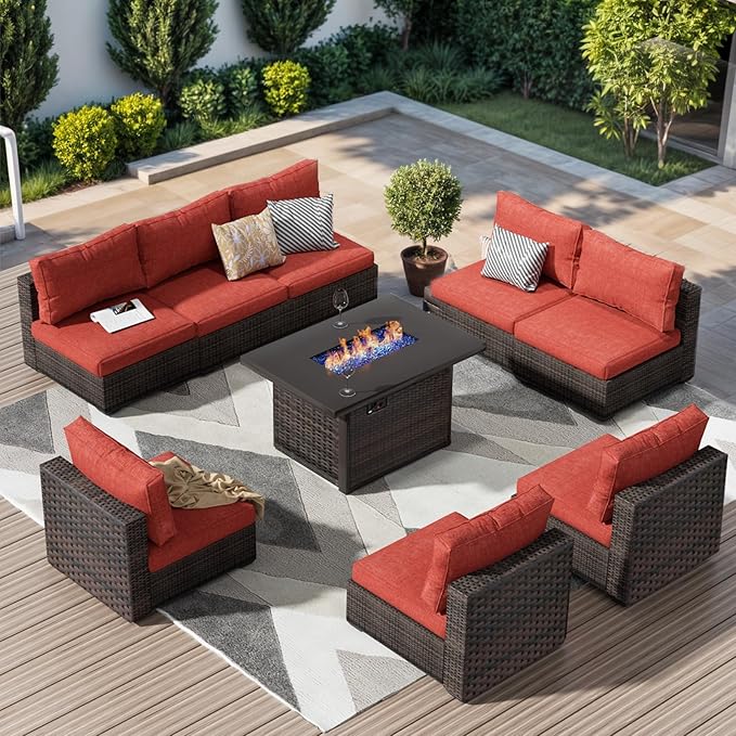 Patio Furniture Set with Fire Pit Table, Outdoor Sectional Rattan Sofa Set, Patio Set Seating Furniture with Thickened Cushions (Red, 9 Pieces)