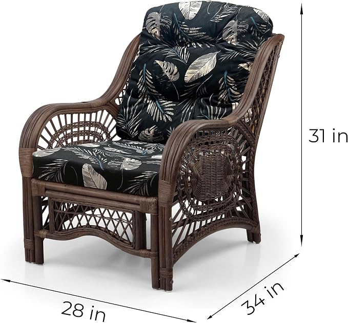Malibu Lounge Set of 4: 2 Natural Rattan Wicker Chairs, Three-Seater Sofa and Coffee Table with Glass Handmade, Dark Brown Color with Black Leaf Cushions