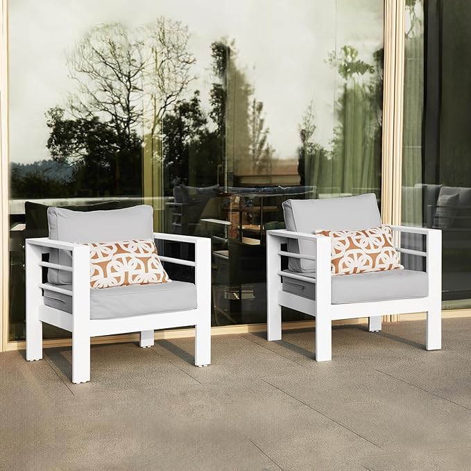 Aluminum Patio Furniture Set, Single Chair Outdoor Set with 5 Inch Cushions, Patio Sofa Sets with Waterproof Covers for Backyard Garden(White)