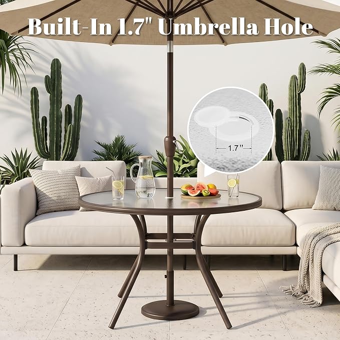 Glass Dining Table, 40" Outdoor Round Patio Table with Steel Base & 1.7" Umbrella Hole, Brown Frame