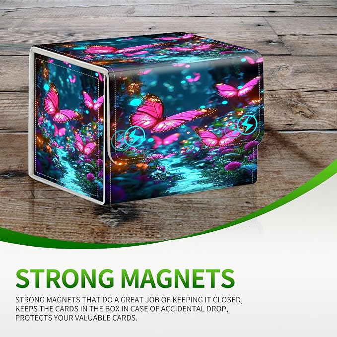 Card Deck Box for MTG, Cards Storage Box Fits 120+ Sleeved, Leather Small Size Strong Magnetic Closing Card Case for Board Games Magic TCG CCG Baseball Collection, Pink Butterfly Forest