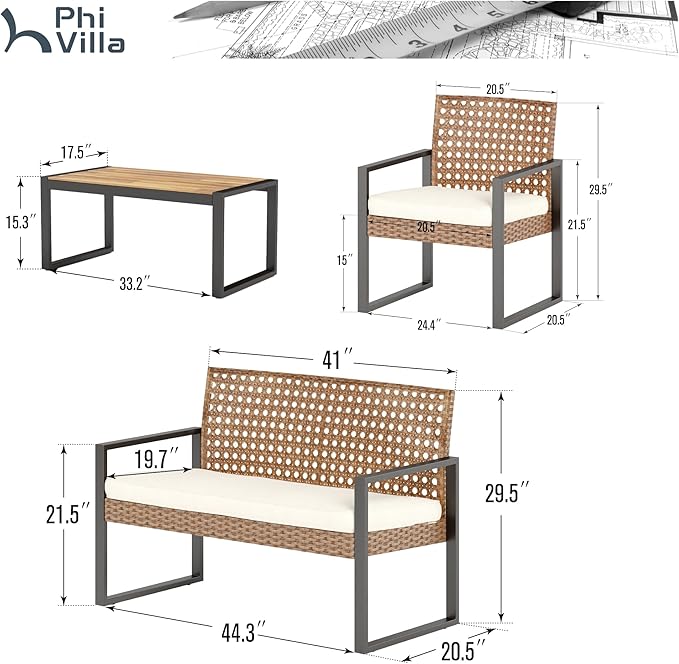 PHI VILLA Patio Wicker Furniture Set for 4, Brown Rattan Loveseat & Chairs with Beige Cushions & Acacia Wood Coffee Table, Outdoor Conversation Sofa Set for Deck, Yard, Porch (Round Hole Back)