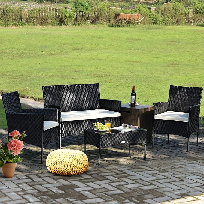 Tangkula 4 Piece Patio Furniture Set, Outdoor Wicker Conversation Set with Tempered Glass Coffee Table, Rattan Loveseat & Chairs Set with Seat Cushions for Backyard, Garden, Poolside (1, Beige)