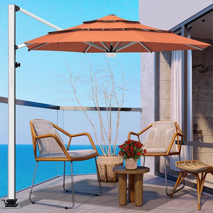 EliteShade USA APOLLO 3-Tier 11FT Full Aluminum Cantilever Patio Umbrella for Outdoor Restaurant Garden Courtyard Deck Pool and Marketing with Light (No battery), Rust