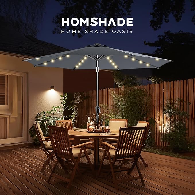 HOMSHADE 9ft Solar Patio Umbrella - Solar Lights LED Lighted Outdoor Market Table Umbrella, UPF50+ UV Protection with Push Button Tilt, Crank for Pool Deck and Garden (Dark Grey)