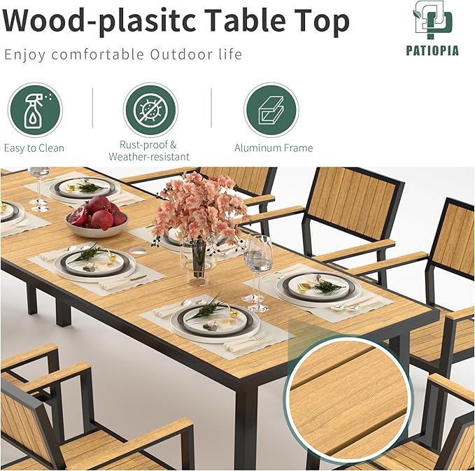 10-Piece Patio Dining Set, Outdoor Weather-Resistant Plastic-Wood Table & 8 Stackable Chairs, Outdoor Durable Aluminum Frame Furniture for Garden, Poolside, Backyard