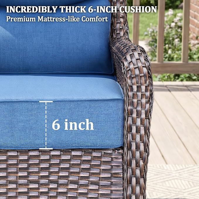 Luxury Swivel Rocker Chairs Sofa Set with 6" Thick Cushion 5 piece Wicker Outdoor Patio Chair with Coffee Table High Back Comfortable Outdoor Patio Furniture Set - Brown | Blue