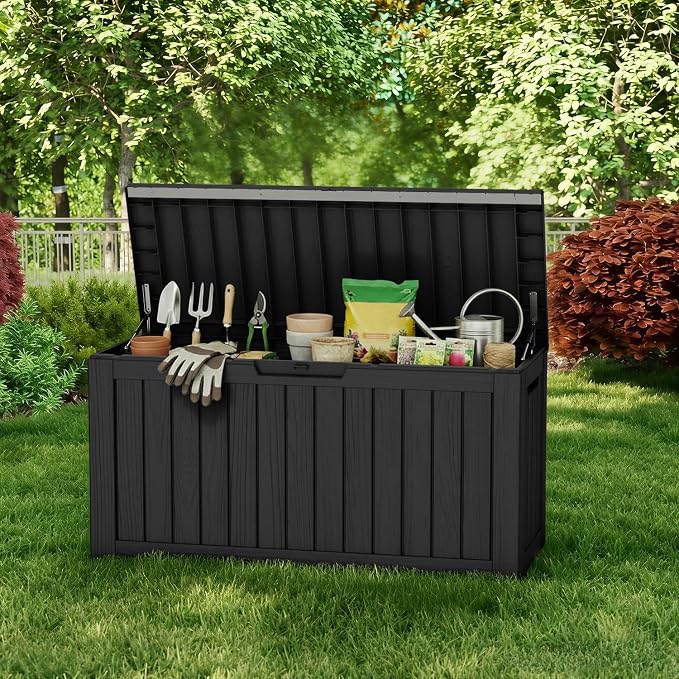 85 Gallon Outdoor Deck Box, Resin Waterproof Storage Box With Lockable Lid, UV-Resistant Multi-Purpose Outdoor Storage Bench for Patio Cushions, Garden Tools, Pool Accessories (Black)