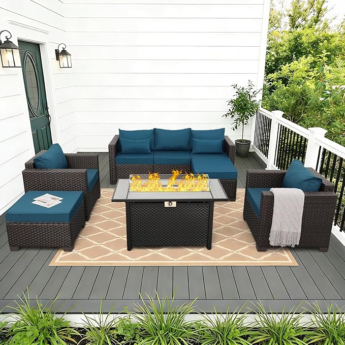 Patio Furniture Set 6-Piece Outdoor Furniture Set with 45'' Propane Gas Fire Pit Table Outdoor Conversation Set Wicker Sofa Set Non-Slip Cushions Waterproof Covers, Peacock Blue