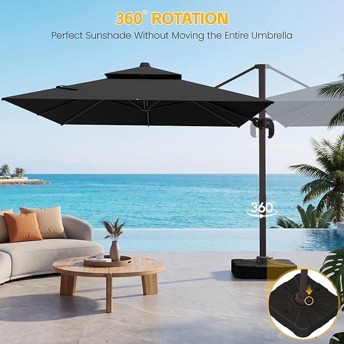 VEGOND 10x10 FT Patio Cantilever Umbrella with Base, Rectangular Heavy Duty Offset Umbrella for 6-8 People, 360°Rotation & Mult Tilt, Double Top Design, for Pool Garden Deck (Black)