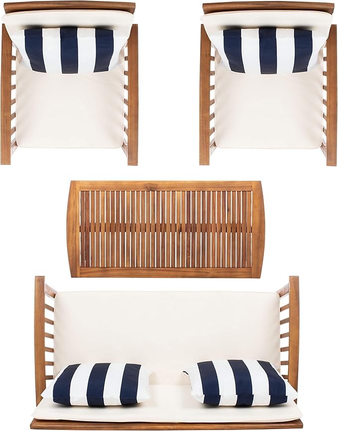 SAFAVIEH Outdoor Collection Rocklin Natural/ Beige Cushions/ Thick Stripe Pillows 4-Piece Conversation Patio Set