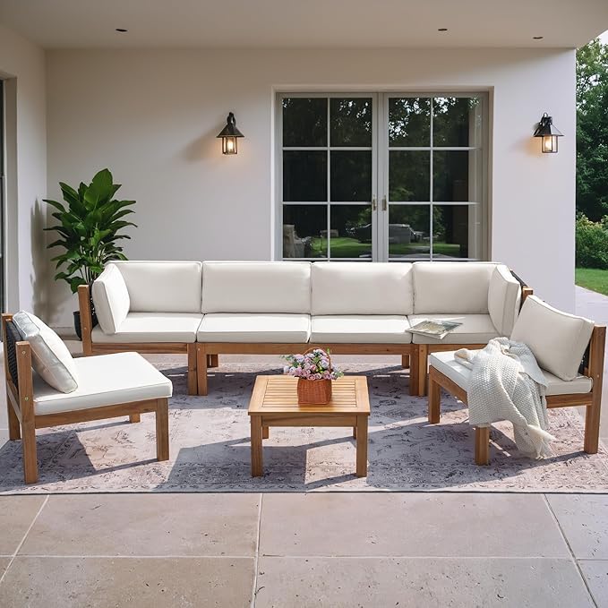 Greesum 7 Piece Outdoor Acacia Sofa Waterproof Cushions and Table, Padded Patio Conversation and Chairs Set for Garden, Backyard, Poolside, Beige