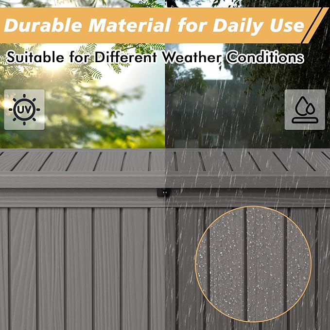 Fancyango 250 Gallon Outdoor Deck Box Waterproof, Large Storage Box for Patio, Resin Storage Bench Lockable for Garden Tools, Package Delivery, Grey