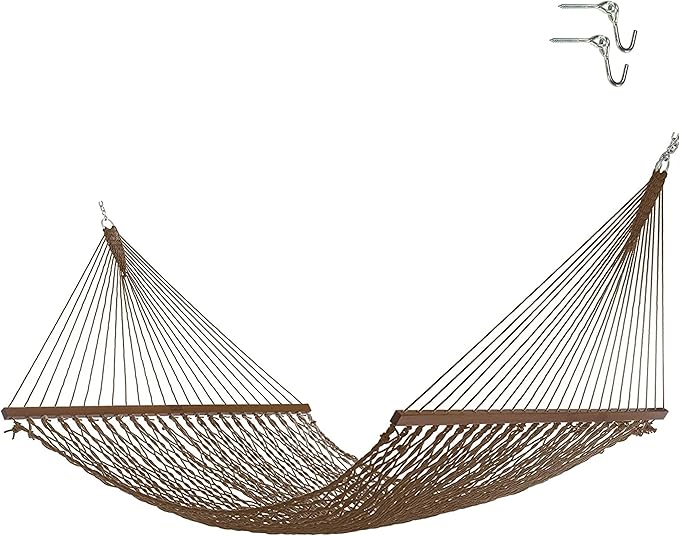 Nags Head Hammocks Admiral Mocha DuraCord Rope Hammock – 13 ft. x 60 in., 2-Person, 450 lb Capacity, Cumaru Spreader Bar, Free Chains & Tree Hooks, Handcrafted in The USA