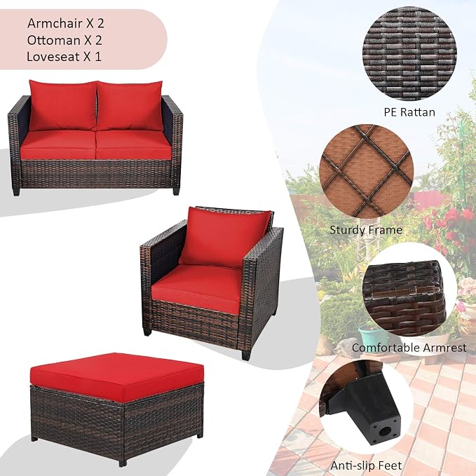 Tangkula 5 Pieces Patio Wicker Furniture Set, Outdoor Rattan Sofa Set with Loveseat, 2 Single Sofas, 2 Ottomans & Removable Cushions, Sectional Daybed Sofa Set for Yard, Garden, Poolside, Red