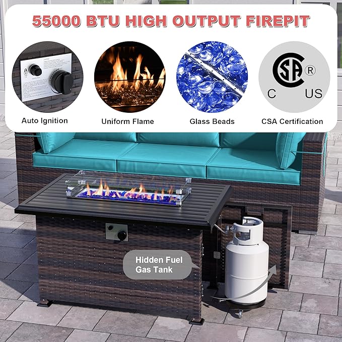 Patio Furniture Sectional Sofa 10PCS PE Rattan Patio Conversation Set w/43in Gas Fire Pit Table, Patio Outdoor Furniture with 4 Inch Thickened Cushions and Glass Coffee Tables, Blue