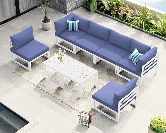 NICESOUL 6 People Extra Large Luxury Aluminum Patio Conversation Set for Backyard Garden, 29" Deep Wide Seat, U Shaped Modular Sectional Couch, 500 lbs Heavy Duty All Weather Outdoor Sofa, Denim Blue