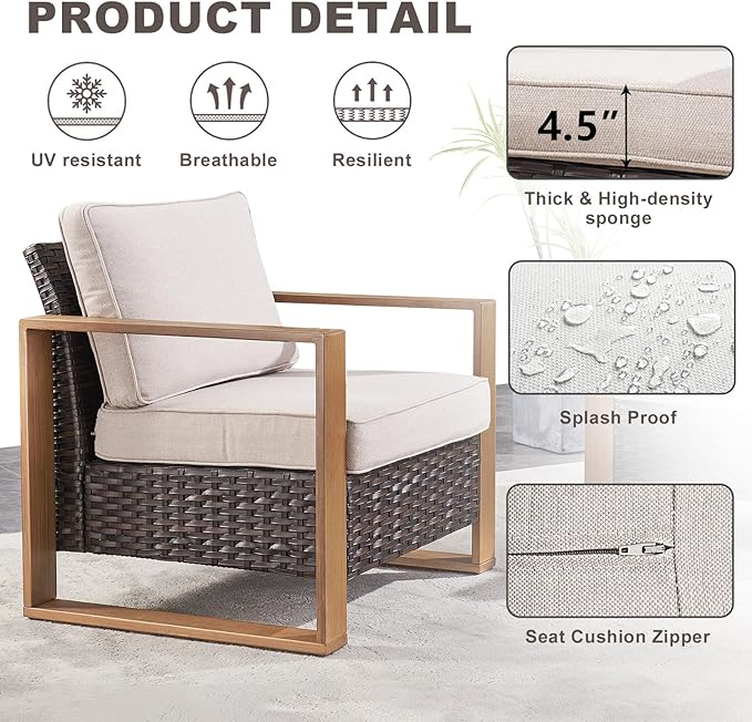 Outdoor Wicker Patio Furniture Set - 6 Piece Patio Conversation Set with 2 Wicker Armrest Chairs,2 Rattan Ottoman,1 Side Table and 1 Couch,Sturdy Frame,Thick Cushions,Deep Seating(Brown/Beige)