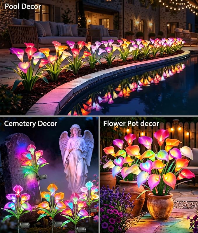 KOOPER Solar Lights Outdoor Decorative, Color Changing Solar Garden Lights With 10 Calla Lily Flower Lights, Solar Flowers Outdoor Waterproof IP65 For Yard Lawn Garden Decor, Gift For Women Mom 2 Pack
