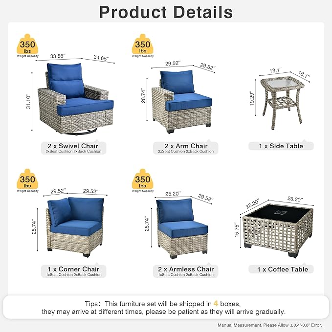 Weaxty 9 Pieces Patio Furniture Set, Outdoor Sectional Furniture Sofa Set w/Swivel Rocking Chairs Coffee Table, PE Wicker Modular Couch Conversation Set for Backyard Garden,Navy Blue