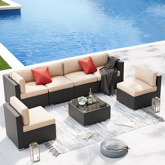 SUNCROWN 7-Piece Outdoor Patio Furniture Sofa Set All-Weather Wicker Sectional Conversation Set with Modern Glass Coffee Table and Cushions, Backyard, Garden, Light Brown