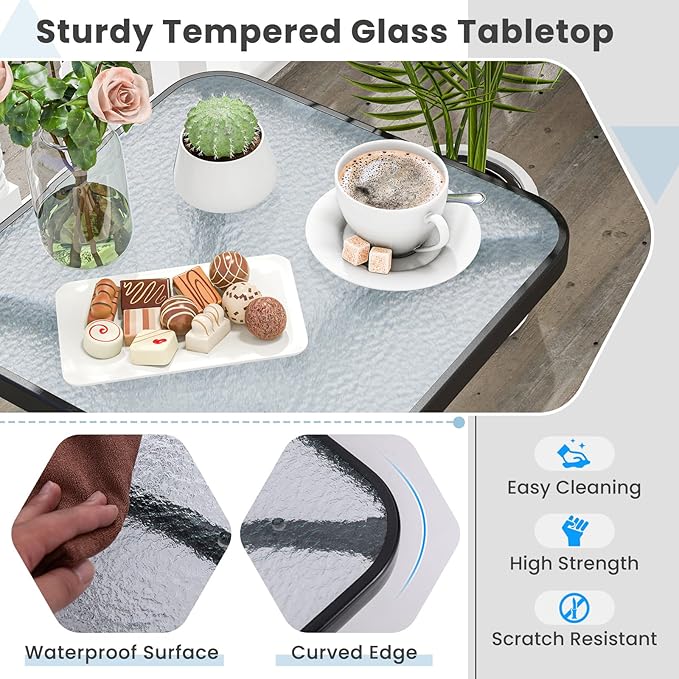 Tangkula Outdoor Side Table, 20 Inches Square End Table with Tempered Glass Top, Metal Frame, Small Patio Table for Garden, Backyard, Balcony, Poolside, Porch (1)